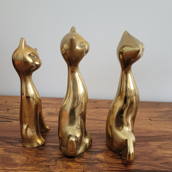 Vintage Solid Brass Cat Sculptures Set Of 3 Long Necks MCM Shows Wear - Picture 11 of 11